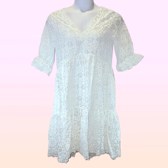 Sundance Jasmine Eyelet Midi Dress Womens Large Woven Cotton High Low Hem V-Neck - Picture 2 of 16